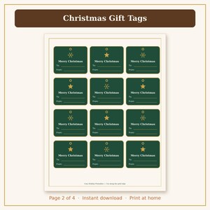 Pu&ograve; includere: Un foglio stampabile di dodici etichette regalo natalizie rettangolari verde scuro con bordi dorati. Ogni etichetta presenta un'icona a forma di stella o fiocco di neve dorato, il testo Merry Christmas e righe per To e From.