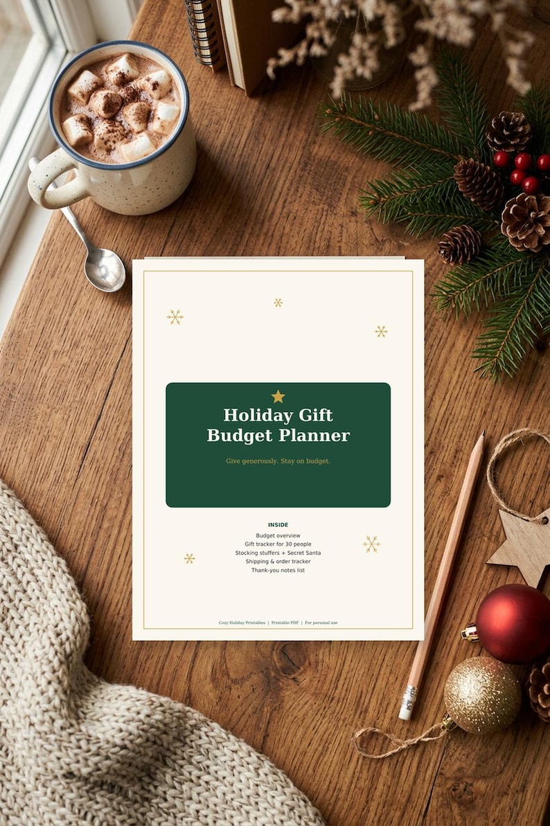 May include: A Holiday Gift Budget Planner document with a dark green central rectangle, gold star icon, and text reading Holiday Gift Budget Planner, Give generously. Stay on budget. INSIDE Budget overview, Gift tracker for 30 people, Stocking stuffers + Secret Santa, Shipping & order tracker, Thank-you notes list.