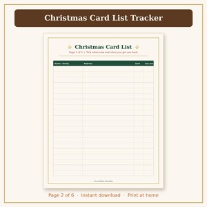 May include: A printable Christmas Card List Tracker document featuring a header with the text Christmas Card List, Page 1 of 3, and columns labeled Name/family, Address, Sent, and Got one. The design includes dark green accents and gold borders.