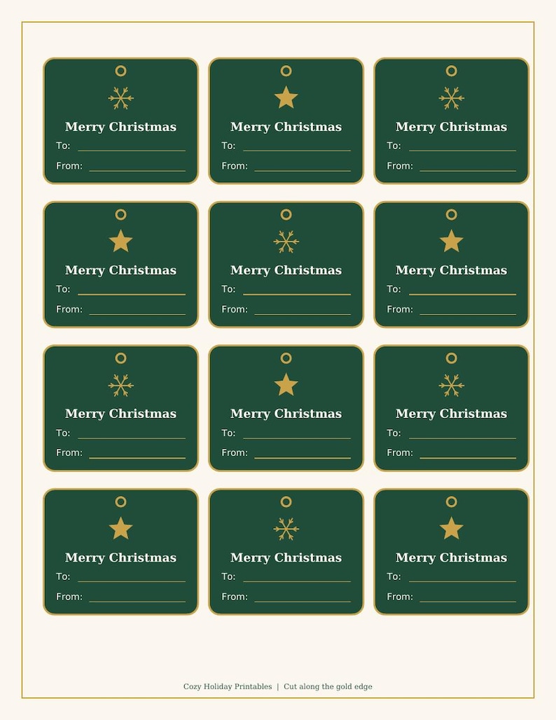 Pu&ograve; includere: Un foglio di dodici etichette regalo rettangolari con angoli arrotondati, sfondo verde scuro, bordi dorati e icone dorate di stelle o fiocchi di neve. Ogni etichetta include il testo Merry Christmas, To: e From:.