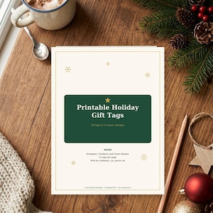 May include: A rectangular sheet of paper featuring the text Printable Holiday Gift Tags, 36 tags in 3 classic designs, and instructions including Evergreen, Cranberry and Cream designs, 12 tags per page, and print on cardstock, cut, punch, tie.
