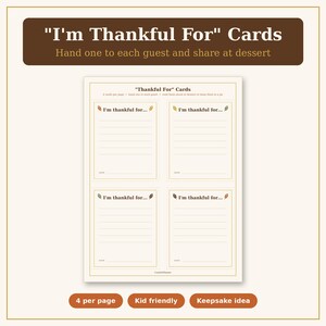 Puede incluir: Una hoja imprimible que contiene cuatro tarjetas "Thankful For", cada una con el texto "I'm thankful for..." sobre un espacio de escritura con l&iacute;neas y una l&iacute;nea para "Name". Cada tarjeta tiene un peque&ntilde;o icono de hoja en la esquina.