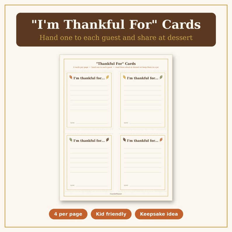 Puede incluir: Una hoja imprimible que contiene cuatro tarjetas "Thankful For", cada una con el texto "I'm thankful for..." sobre un espacio de escritura con l&iacute;neas y una l&iacute;nea para "Name". Cada tarjeta tiene un peque&ntilde;o icono de hoja en la esquina.