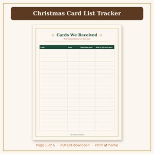 May include: A printable Christmas Card List Tracker page with a dark brown header. The document features a table titled Cards We Received with columns for From, Date, Thank-you sent, and Add to list next year. The footer reads Cozy Holiday Printables.
