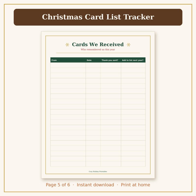 May include: A printable Christmas Card List Tracker page with a dark brown header. The document features a table titled Cards We Received with columns for From, Date, Thank-you sent, and Add to list next year. The footer reads Cozy Holiday Printables.