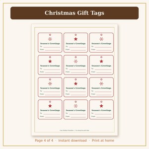 Pu&ograve; includere: Un foglio stampabile di dodici etichette regalo natalizie rettangolari con angoli arrotondati, con icone di fiocchi di neve o stelle rosse, il testo Season's Greetings e linee per To e From. L'intestazione riporta Christmas Gift Tags.