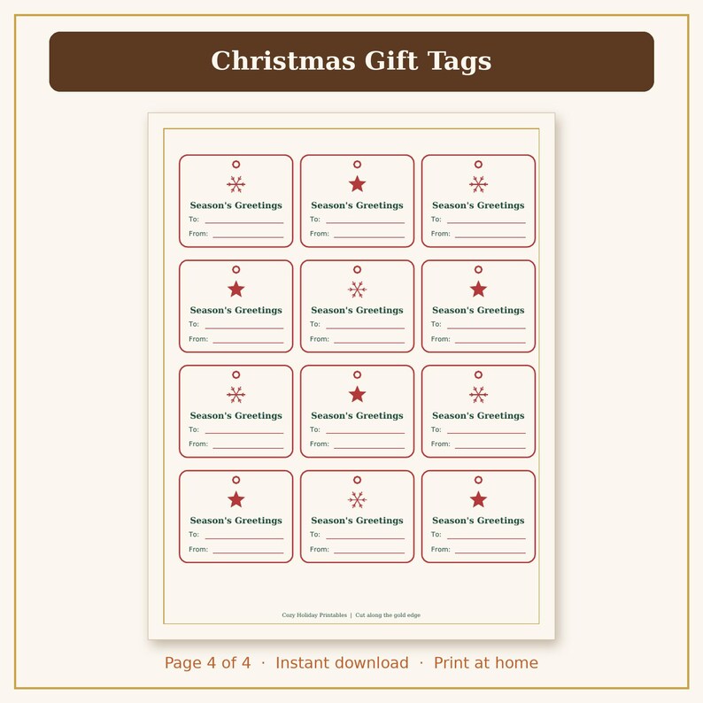 Pu&ograve; includere: Un foglio stampabile di dodici etichette regalo natalizie rettangolari con angoli arrotondati, con icone di fiocchi di neve o stelle rosse, il testo Season's Greetings e linee per To e From. L'intestazione riporta Christmas Gift Tags.