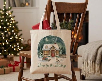 Borsa tote "Home for the Holidays", borsa tote in tela con motivo cottage natalizio, comoda borsa per la spesa invernale