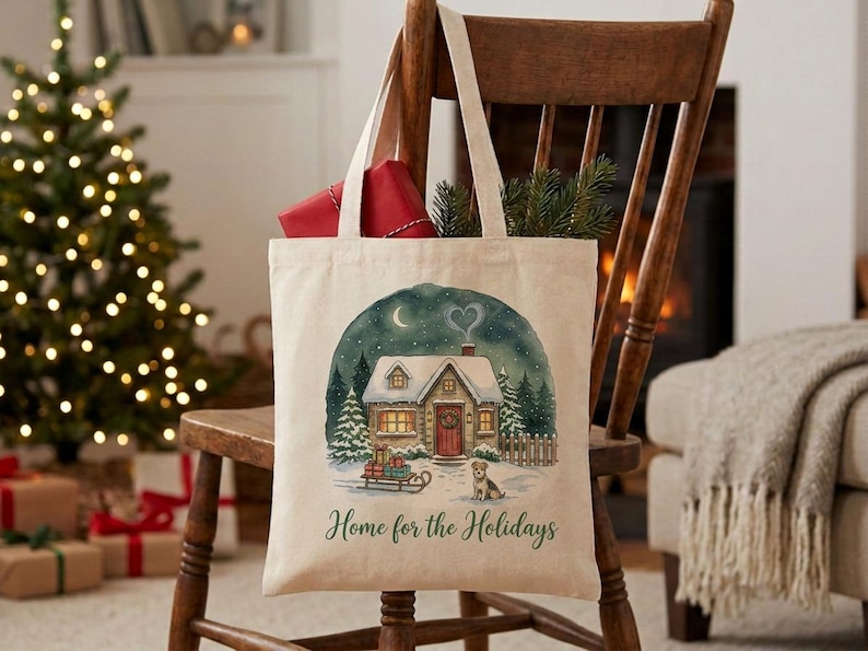 A cream-colored canvas holiday tote bag featuring a snowy Christmas cottage watercolor illustration at night with a dog, a sled with gifts, and the text "Home for the Holidays" in green script, shown in a cozy Christmas lifestyle scene.