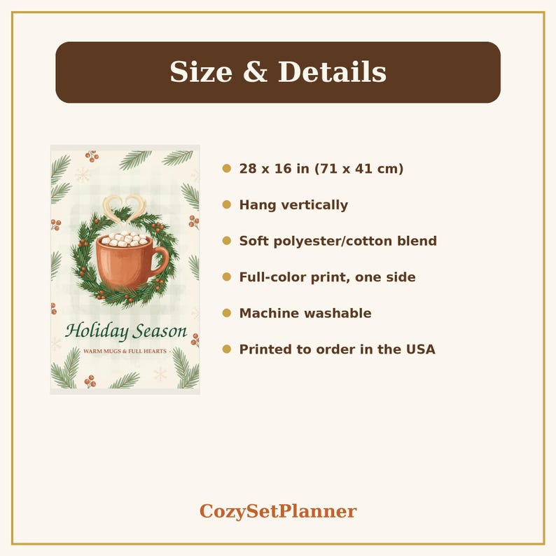 A Size and Details graphic for the sage plaid holiday cocoa kitchen towel, showing the printed design swatch and the towel's 16 by 28 inch dimensions.