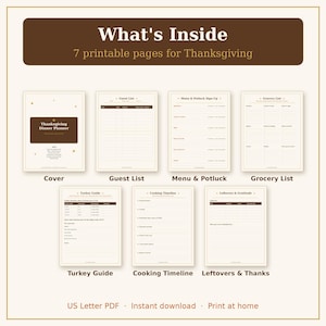 May include: A set of seven printable Thanksgiving planner pages featuring a cover, guest list, menu and potluck sign-up, grocery list, turkey guide, cooking timeline, and leftovers and gratitude log, all with brown text on cream paper.