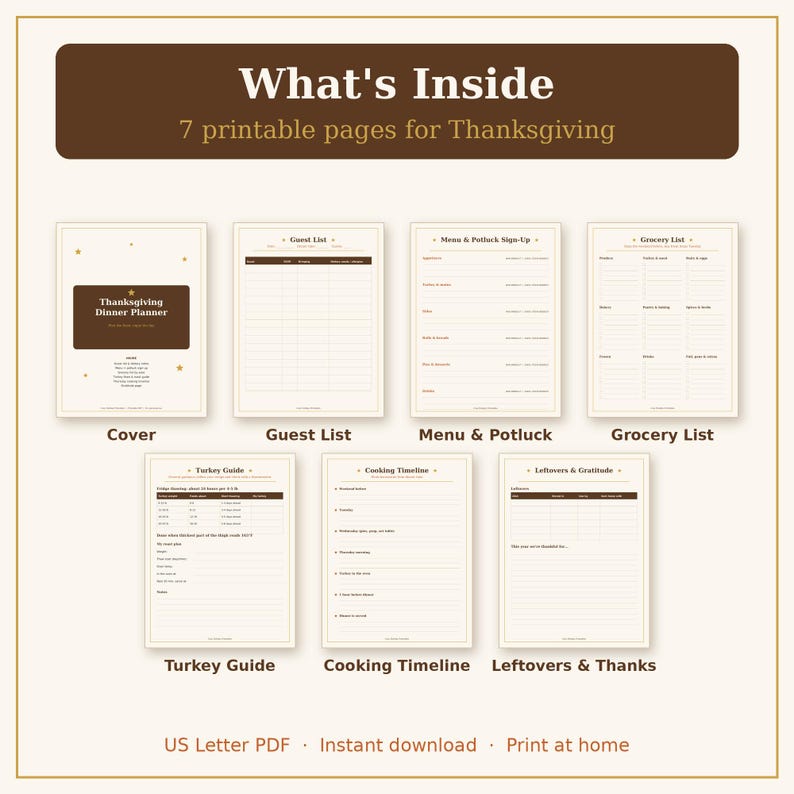May include: A set of seven printable Thanksgiving planner pages featuring a cover, guest list, menu and potluck sign-up, grocery list, turkey guide, cooking timeline, and leftovers and gratitude log, all with brown text on cream paper.