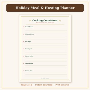 Pu&ograve; includere: Una pagina di pianificazione stampabile intitolata Holiday Meal & Hosting Planner con una sezione Cooking Countdown. Presenta righe per programmare le attivit&agrave;, accenti a stella rossi e il testo Cozy Holiday Printables.