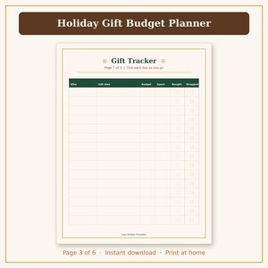 May include: A Holiday Gift Budget Planner printable page featuring a Gift Tracker table with columns for Who, Gift Idea, Budget, Spent, Bought, and Wrapped. The header text reads Holiday Gift Budget Planner and Gift Tracker.