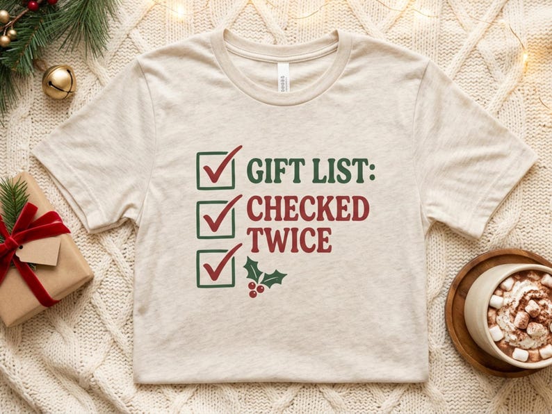 A heather beige short-sleeve unisex t-shirt laid flat showing a funny checked it twice Christmas design with three green checkboxes and the text "GIFT LIST: CHECKED TWICE" in green and red lettering.