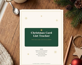 Elenco stampabile delle cartoline di Natale, registro in PDF delle cartoline inviate e ricevute nella rubrica degli indirizzi delle feste.