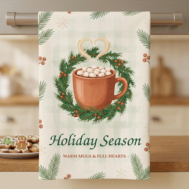 A cream sage plaid kitchen towel hanging in a warm kitchen lifestyle scene, printed with a brown cocoa mug inside a pine wreath and the script "Holiday Season" above "WARM MUGS & FULL HEARTS".