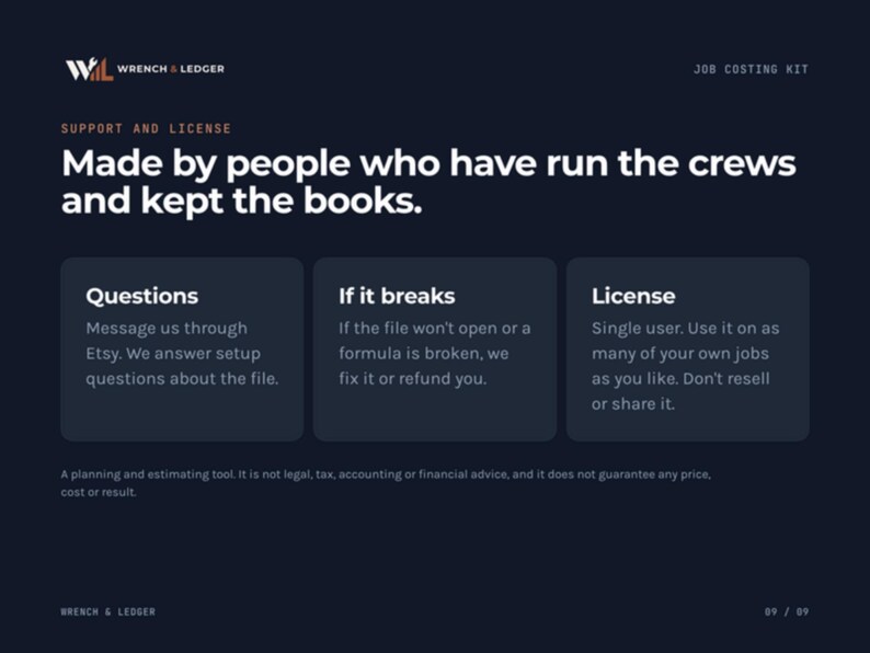 May include: A dark blue informational graphic titled Wrench & Ledger Job Costing Kit. It features text about support and licensing, including sections for Questions, If it breaks, and License, plus a disclaimer about financial advice.