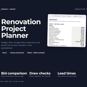 Op de afbeelding: Een digitaal Renovation Project Planner spreadsheet van Wrench & Ledger. De donkere interface toont een dashboard voor keuken- en badkamerrenovaties, inclusief budget, offertevergelijking en tracking van levertijden.