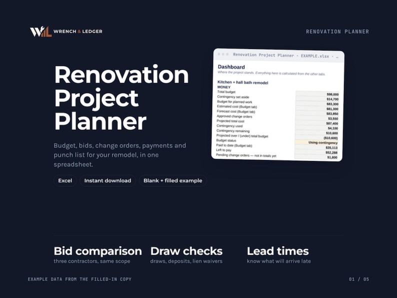 Op de afbeelding: Een digitaal Renovation Project Planner spreadsheet van Wrench & Ledger. De donkere interface toont een dashboard voor keuken- en badkamerrenovaties, inclusief budget, offertevergelijking en tracking van levertijden.