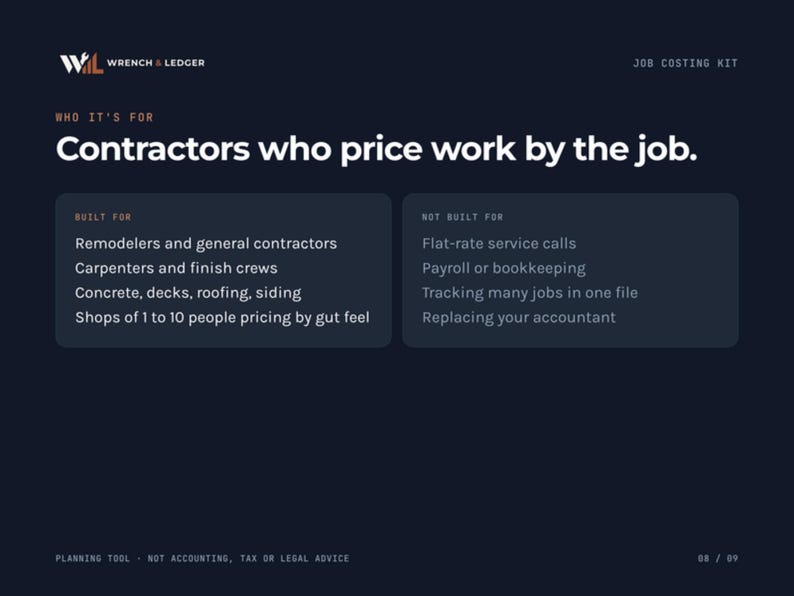 May include: A dark blue informational graphic titled Wrench & Ledger Job Costing Kit. It lists target users as contractors who price by the job, detailing specific trades like carpentry and roofing, while noting it is not for payroll or accounting.