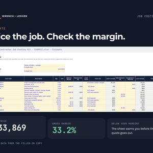 May include: A digital job costing kit spreadsheet interface on a dark background. The header reads Wrench & Ledger and Price the job. Check the margin. The spreadsheet displays columns for cost code, description, quantity, unit, material, labor, and equipment costs. A summary box shows a job price of $33,869 and a gross margin of 33.2%.