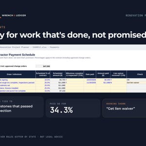 Op de afbeelding: Een donkerblauwe renovatieplanner-afbeelding met de titel Wrench & Ledger. Het bevat een spreadsheet met een betalingsschema voor aannemers met kolommen voor mijlpalen, percentages, bedragen en datums. Daaronder staan vakken met mijlpalen, 34,3% betaald en een waarschuwing Get lien waiver.