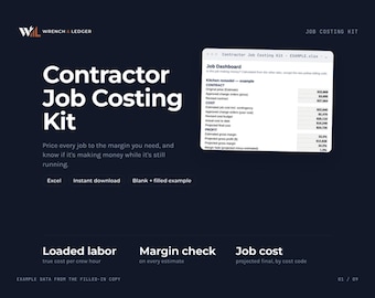 Op de afbeelding: Een donkerblauwe digitale afbeelding voor een Contractor Job Costing Kit van Wrench & Ledger. Het bevat de titel, een voorbeeld van een Excel-dashboard en tekstlabels voor Loaded labor, Margin check en Job cost. De lay-out is strak en professioneel.