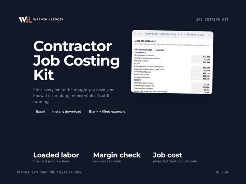 May include: A dark blue digital graphic for a Contractor Job Costing Kit by Wrench & Ledger. It features the title, a preview of an Excel job dashboard, and text labels for Loaded labor, Margin check, and Job cost. The layout is clean and professional.