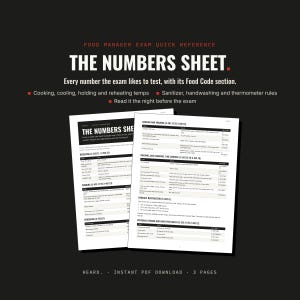 May include: A food manager exam quick reference guide titled The Numbers Sheet. The document features black text on white paper, outlining food safety regulations, including cooking, cooling, holding, and reheating temperatures in degrees Fahrenheit.