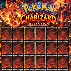 May include: A rectangular Pokémon Charizard Collection display board featuring a grid of twenty-four empty card slots. The background displays a fiery landscape with a castle, lava, and Charizard illustrations. The text reads Pokémon Charizard Collection.