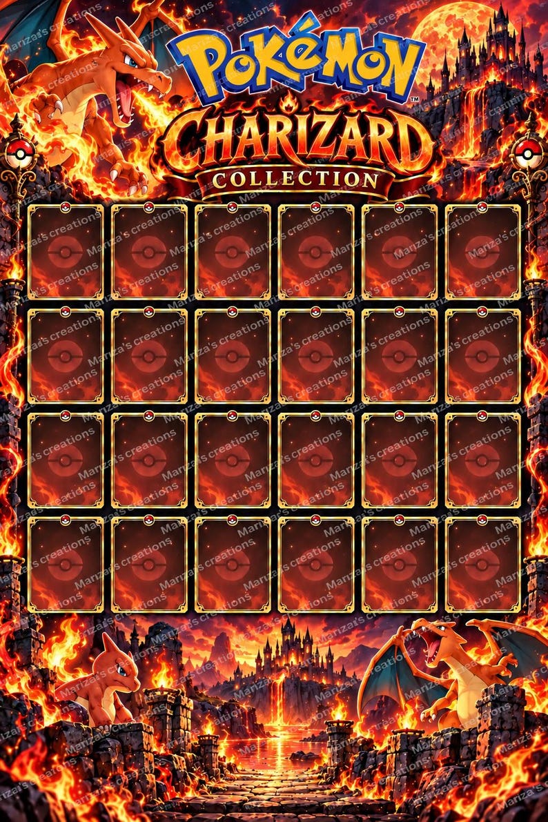 Pode incluir: Um painel de exibi&ccedil;&atilde;o retangular Pok&eacute;mon Charizard Collection com uma grade de vinte e quatro espa&ccedil;os vazios para cartas. O fundo mostra uma paisagem ardente com um castelo, lava e ilustra&ccedil;&otilde;es de Charizard. O texto diz Pok&eacute;mon Charizard Collection.
