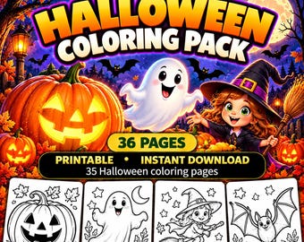 36-sidigt Halloween-målarpaket för barn, utskrivbart pumpa- och spökehäxa (direktnedladdning)