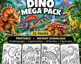 Dinosaurie Mega Pack: 35 utskrivbara sidor, målarbok, ordsökning, roliga fakta (direkt nedladdning)