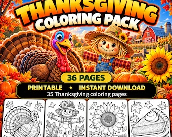Målarbilder för barn med Thanksgiving, 36-sidigt höstskördepaket (direkt nedladdning)