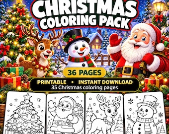 36-sidigt julmålarpaket för barn, jultomte, ren, snögubbe (direkt nedladdning)
