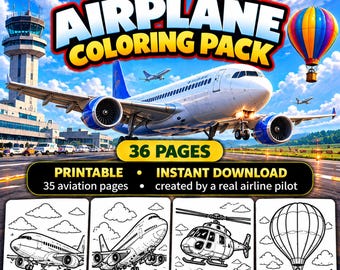 Målarbilder med flygplan för barn, 36-sidigt flygpaket (direkt nedladdning)