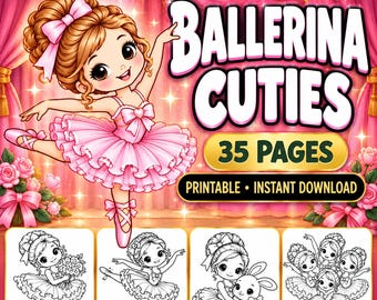 Ballerina Cuties Målarpaket för Barn, 35 Sidor, Utskrivbara Ballerina Målarbilder, Direkt Nedladdning