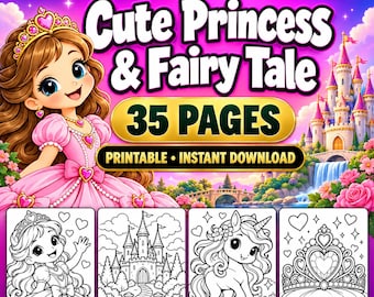 Söt prinsess- och sagomålarbild för barn, 35 sidor, utskrivbara prinsessmålarbilder, direktnedladdning