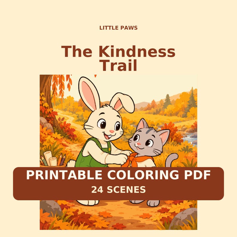 The Kindness Trail Coloring Book for Kids Ages 6-8, 24 Story Scenes, Printable PDF, Little Paws image 1