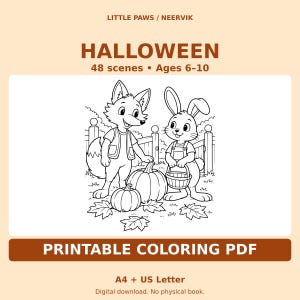 Halloween Animal Coloring Book PDF, 48 Scenes, Ages 6-10, A4 and US Letter