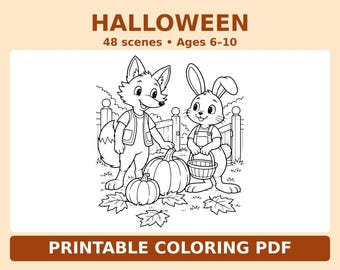 Halloween Animal Coloring Book PDF, 48 Scenes, Ages 6-10, A4 and US Letter
