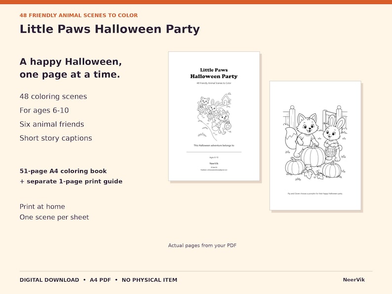 Libro para colorear de Halloween: 48 escenas de animales, PDF imprimible en formato A4, para edades de 6 a 10 años. imagen 2