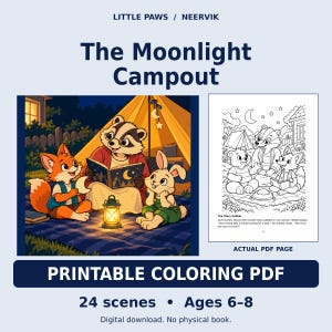 Moonlight Campout Printable Coloring Storybook, 24 Woodland Scenes, Ages 6-8 (PDF) image 1