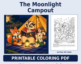 Moonlight Campout Printable Coloring Storybook, 24 Woodland Scenes, Ages 6-8 (PDF)