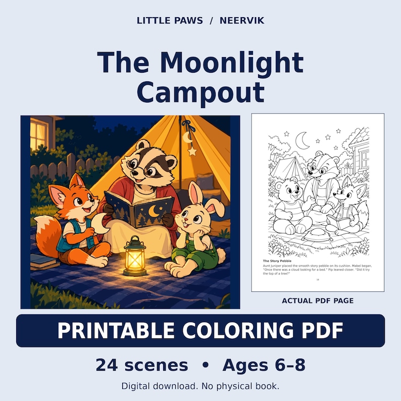 Moonlight Campout Printable Coloring Storybook, 24 Woodland Scenes, Ages 6-8 (PDF) image 1