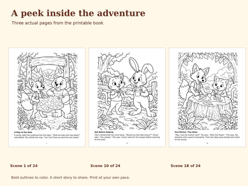 The Kindness Trail Coloring Book for Kids Ages 6-8, 24 Story Scenes, Printable PDF, Little Paws image 2