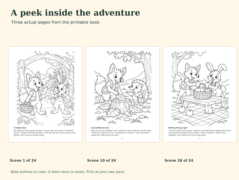 Friendship Adventures Coloring Book for Kids Ages 6-8, 24 Story Scenes, Printable PDF, Little Paws image 2