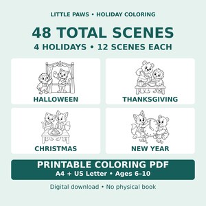 Holiday Animal Coloring Book PDF: 48 Scenes, 4 Holidays, A4 & US Letter