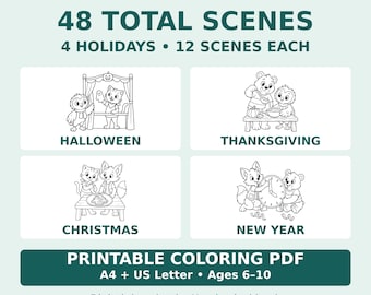 Holiday Animal Coloring Book PDF: 48 Scenes, 4 Holidays, A4 & US Letter